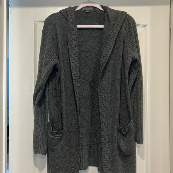 Barefoot Dreams CozyChic Lite Hooded Cardigan with Front Pocket in Gray/Green - Picture 2 of 7
